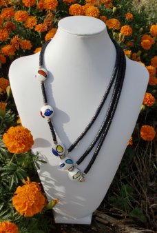 Hand Painted Ceramic Beads and Black Coco Necklace