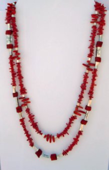 Red Coral Silver Beads Stately 24 Inch Necklace
